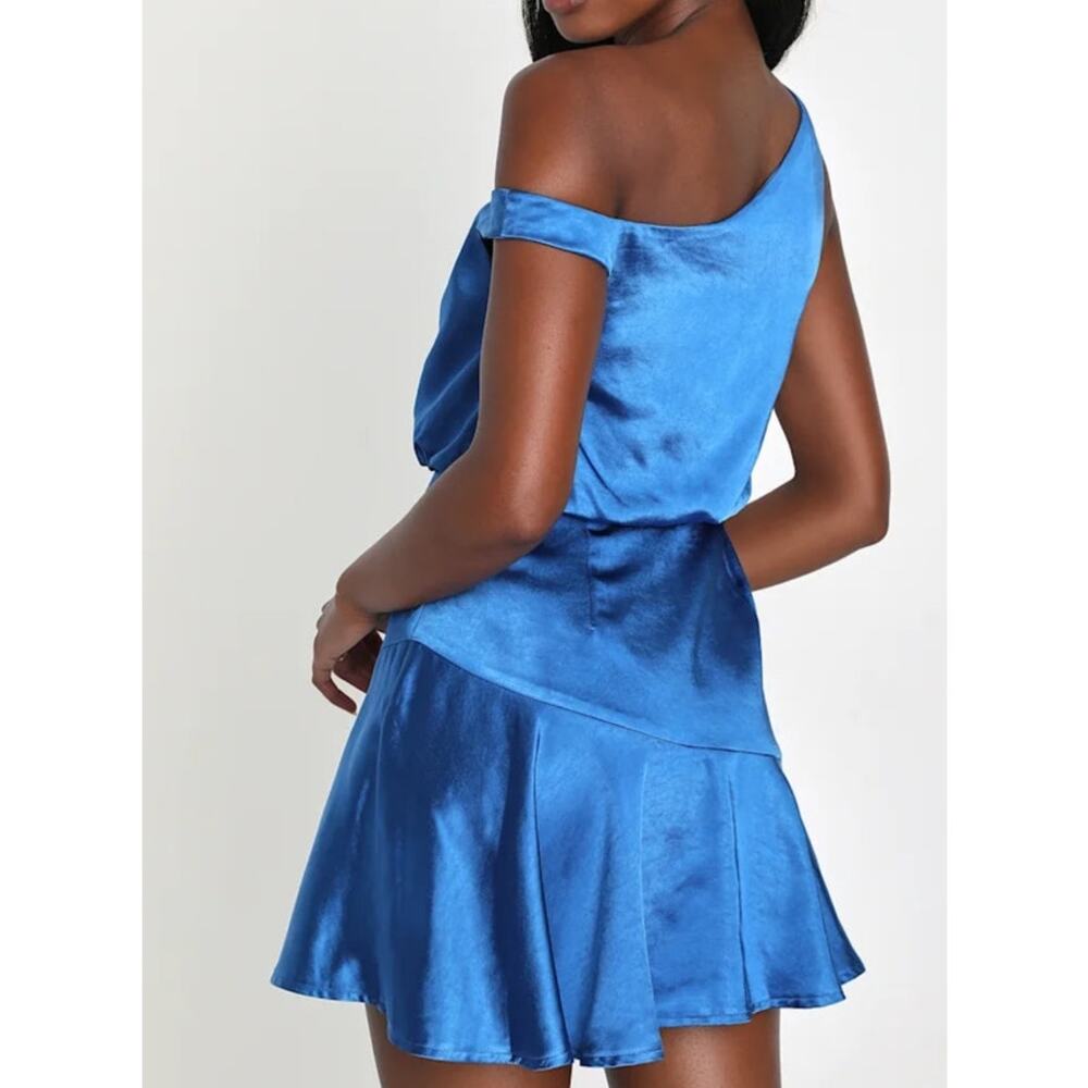 Lulus Blue Satin Mini Dress Off-The-Shoulder Dress Size S NWT - Picture 2 of 10